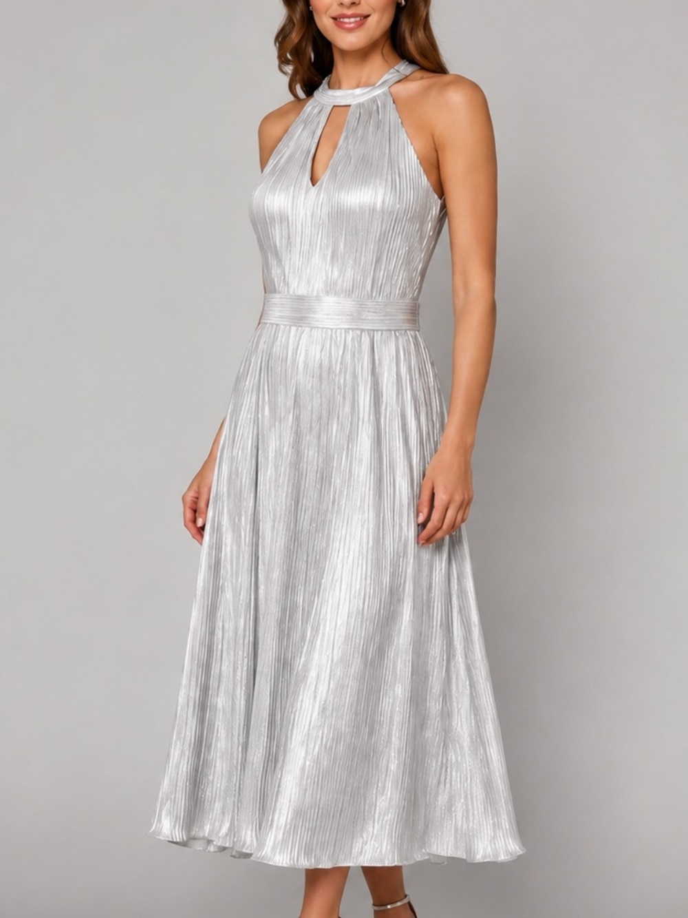 🆕🪩Kensie Silver Metallic Pleated Halter Midi Dress Size 16 Lined Occasion Dress